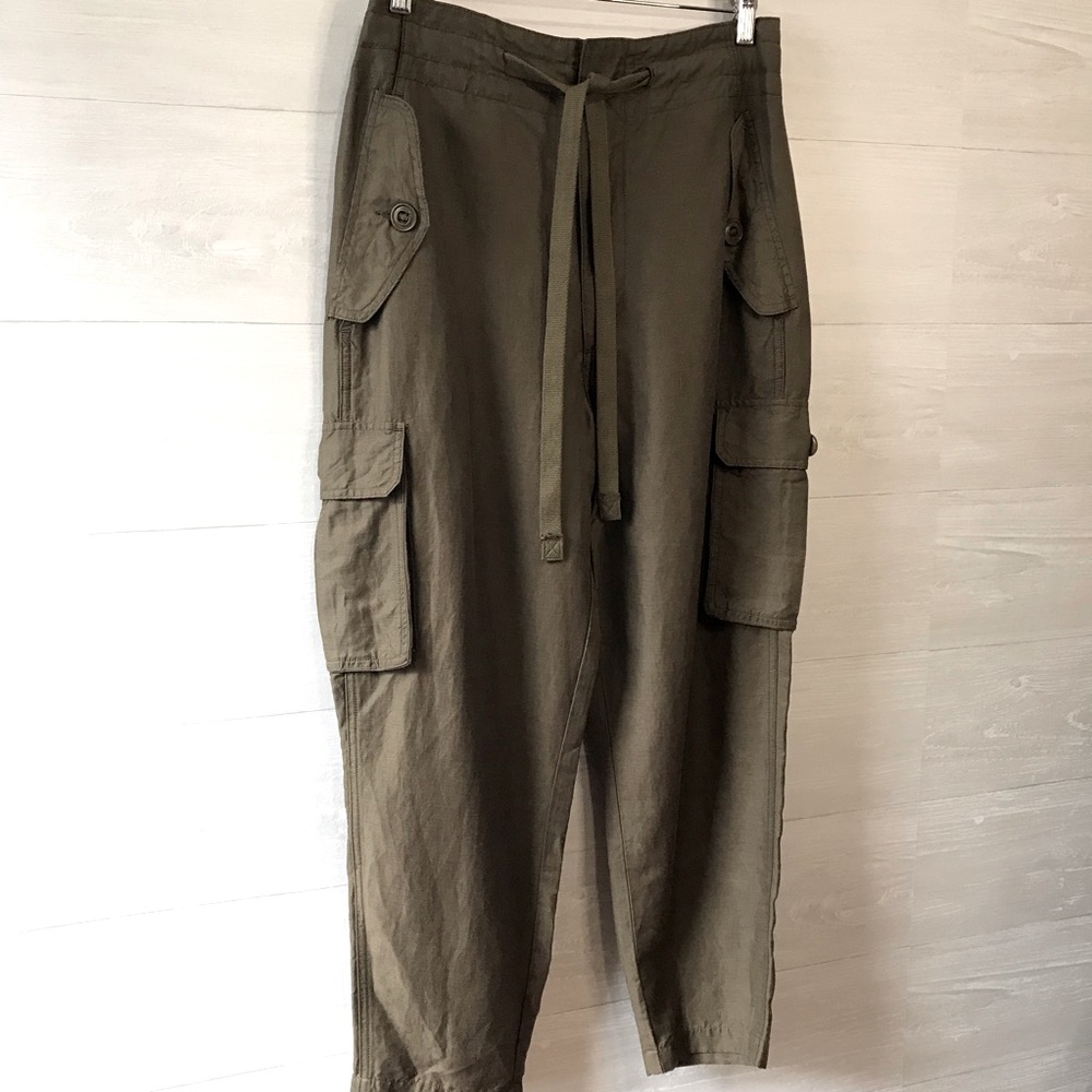 VINCE | Linen Blend Thick Woven High Waisted Cargo Pants Military Green